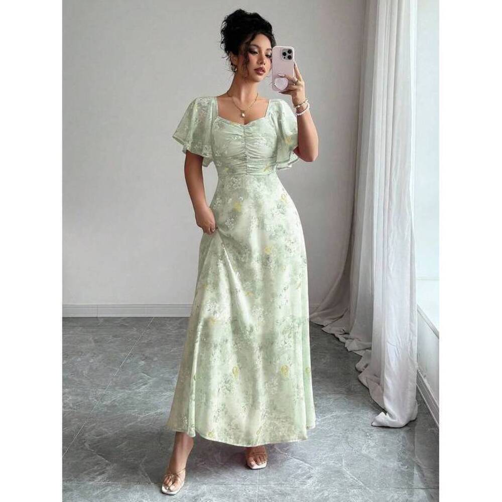 Modelyn Chiffon Butterfly Print Bat Wing Pleated Hem Sweet French Style - Picture 5 of 7